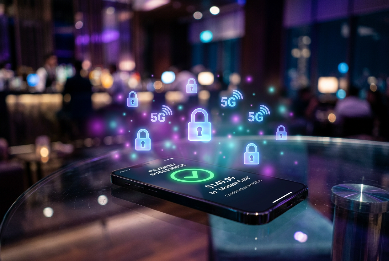 Wizualizacja nowoczesnego przesyłu danych i płatności mobilnych 5G