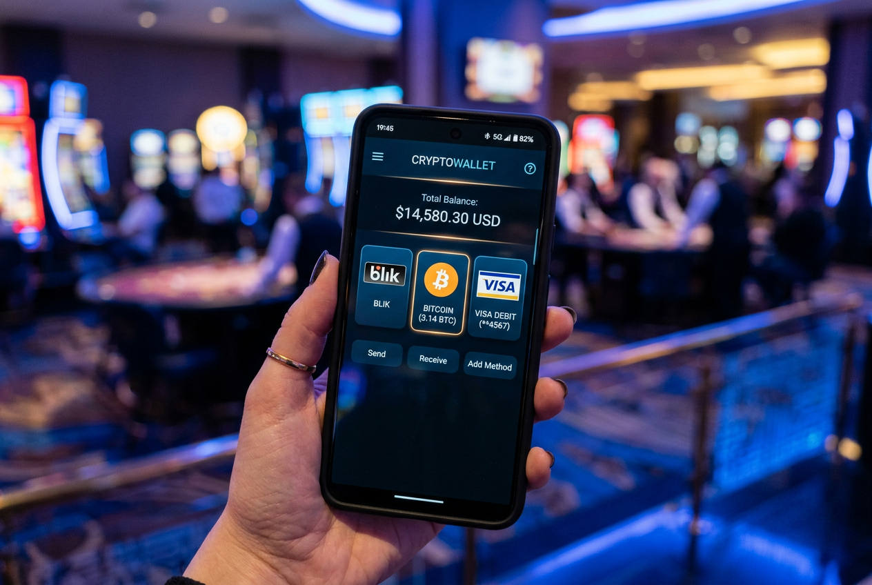 Modern smartphone displaying secure casino payment app with cryptocurrency and card icons