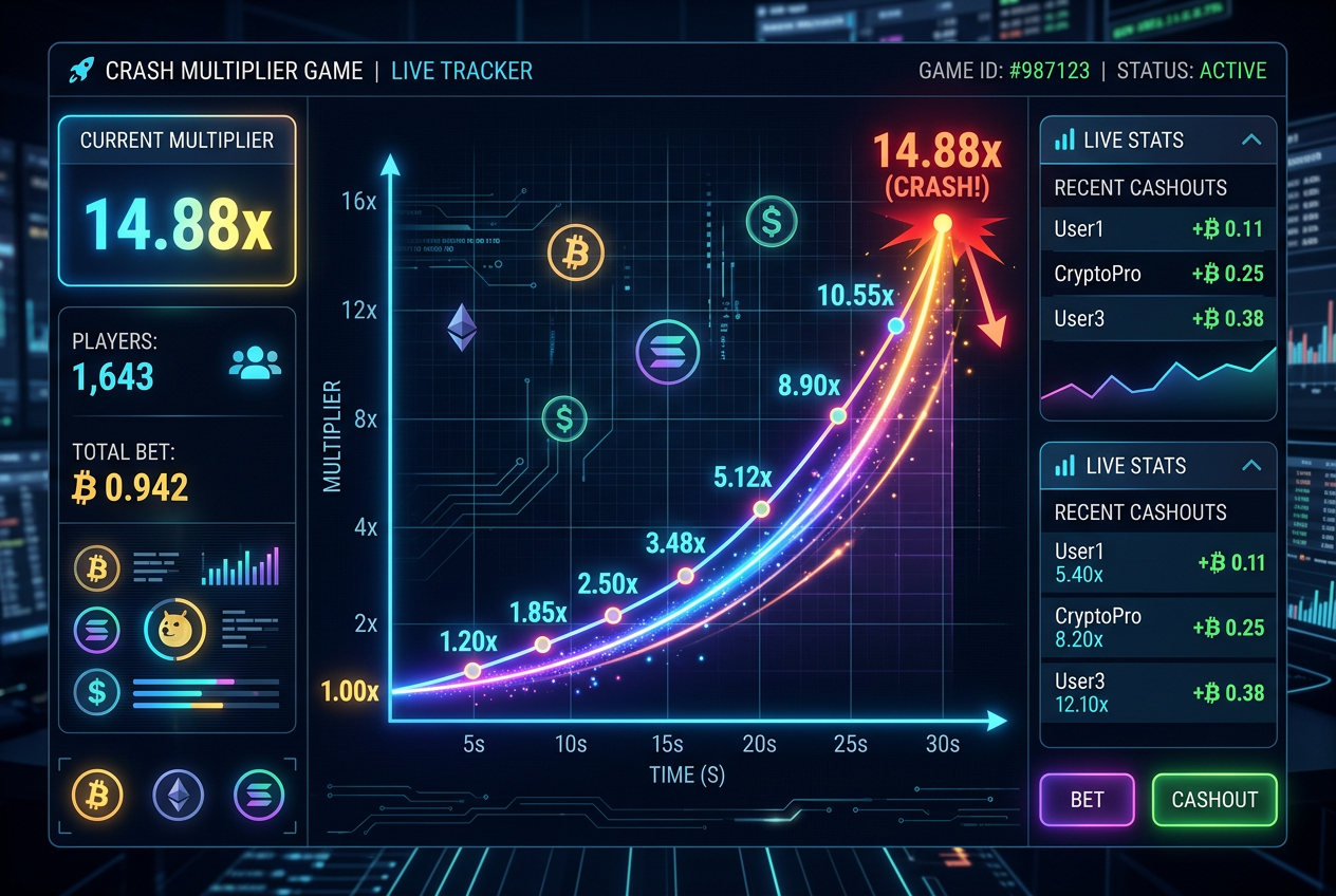 Wizualizacja gry typu Crash z rosnącym mnożnikiem i wykresem