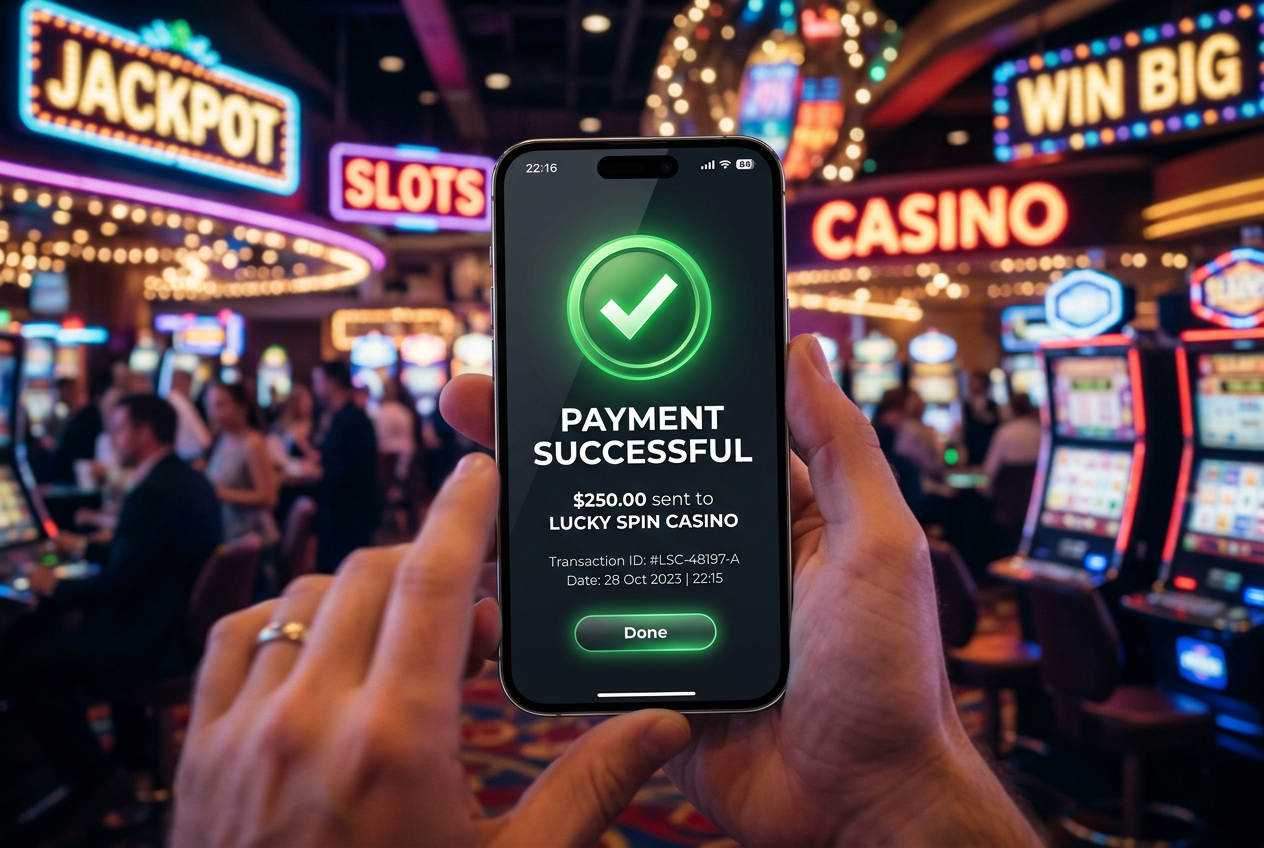 Nowoczesny interfejs panelu płatności w kasynie online pokazujący błyskawiczne zatwierdzenie transakcji