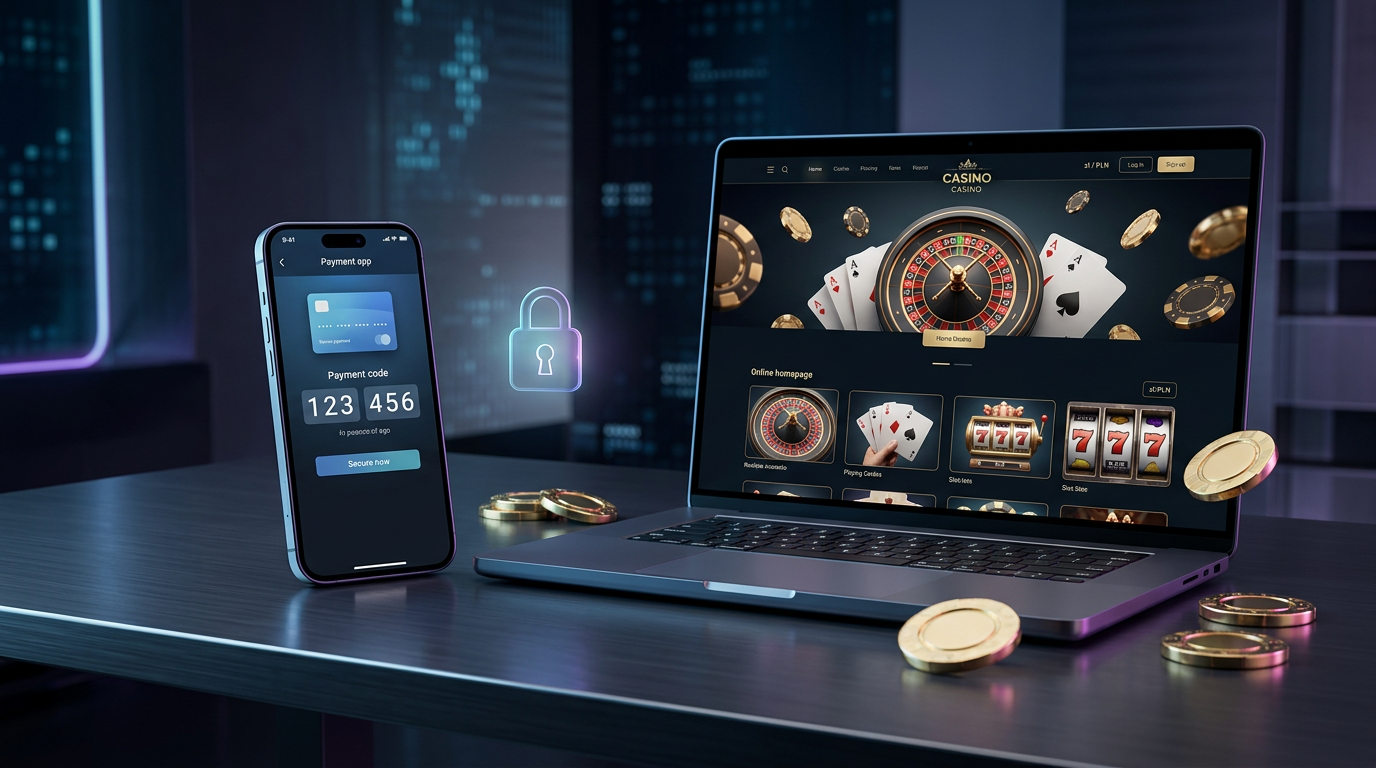 Smartfon z kodem BLIK na tle kasyna online - bezpieczne płatności mobilne