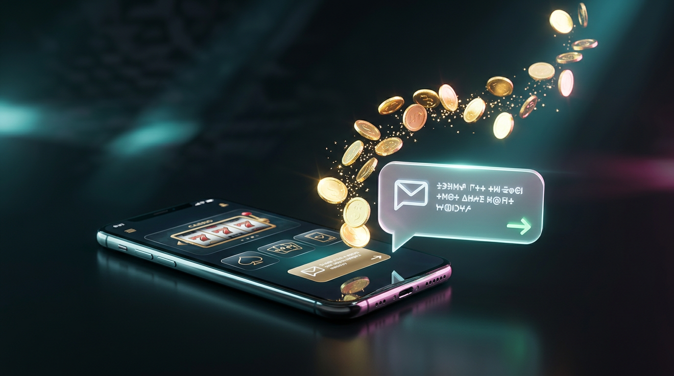 Smartfon wyświetlający interfejs kasyna i powiadomienie SMS o wpłacie