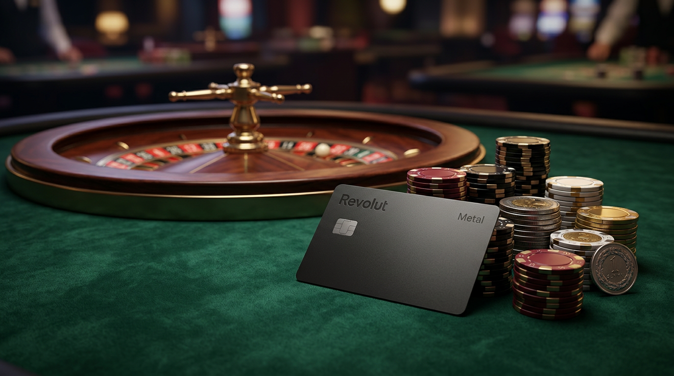 Karta Revolut na stole w kasynie obok żetonów i ruletki