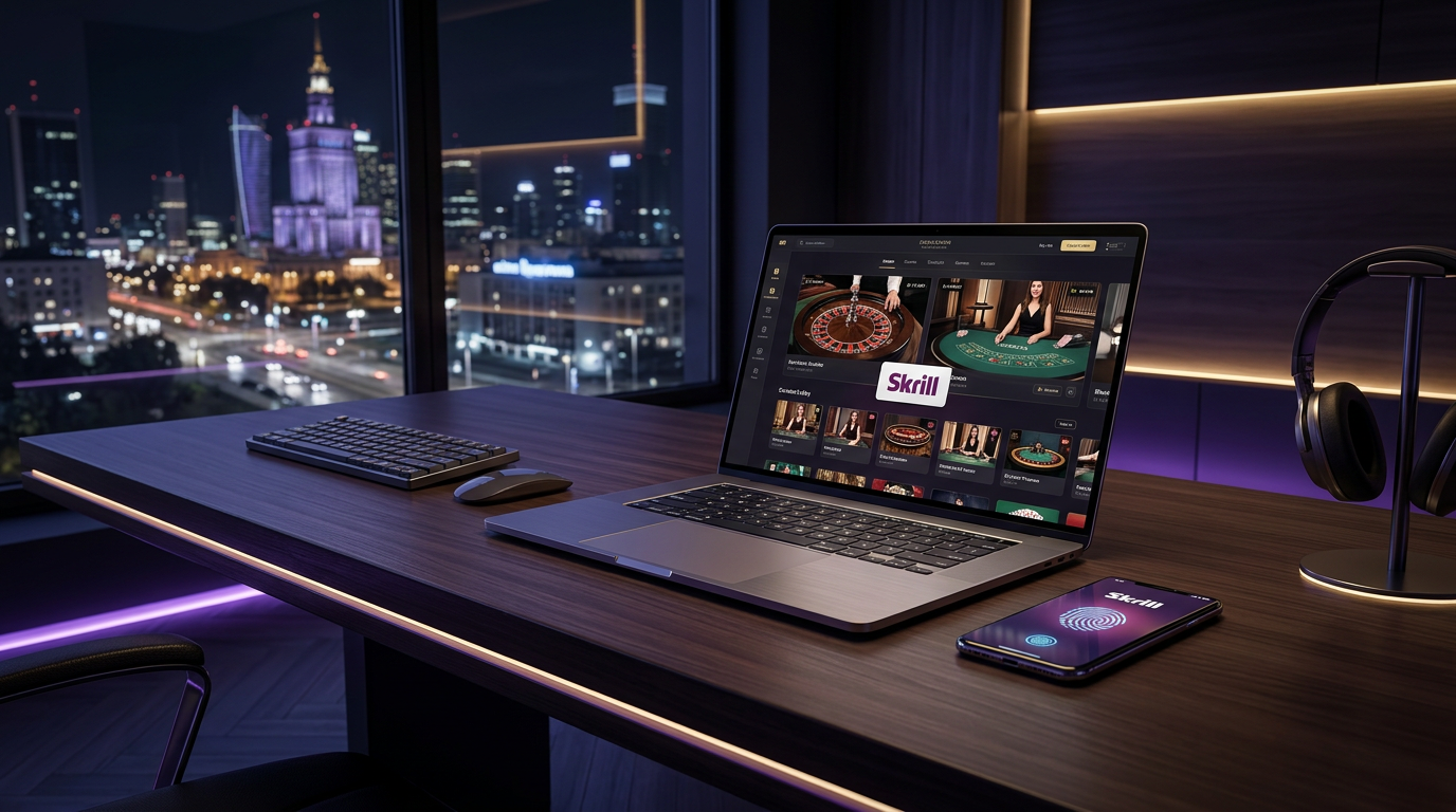 Nowoczesne stanowisko gracza w 2026 roku z widocznym logiem Skrill i interfejsem kasyna online na laptopie