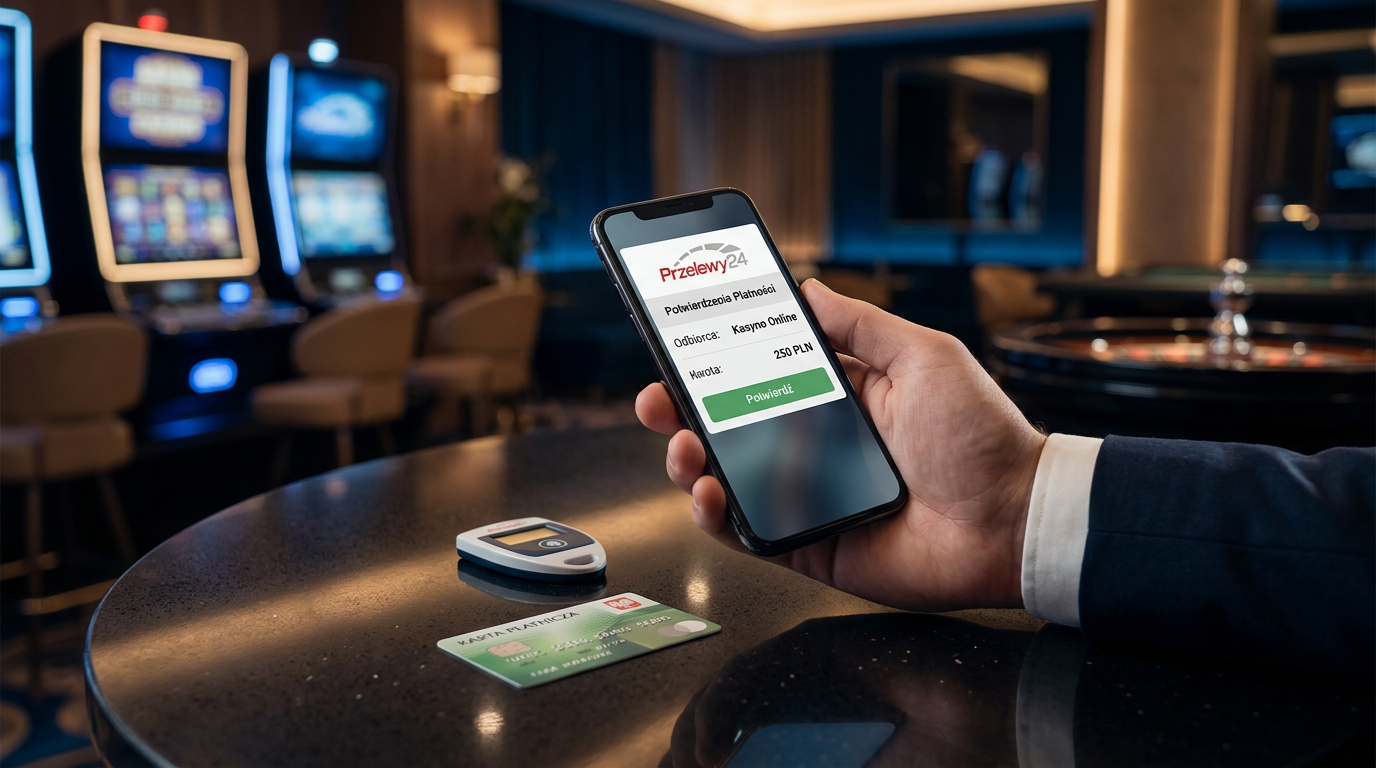 Smartfon z aplikacją Przelewy24 w nowoczesnym wnętrzu kasyna