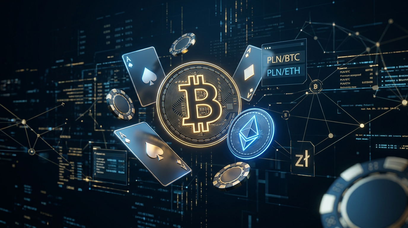 Futurystyczna wizja krypto kasyna z ikonami Bitcoina i technologią blockchain