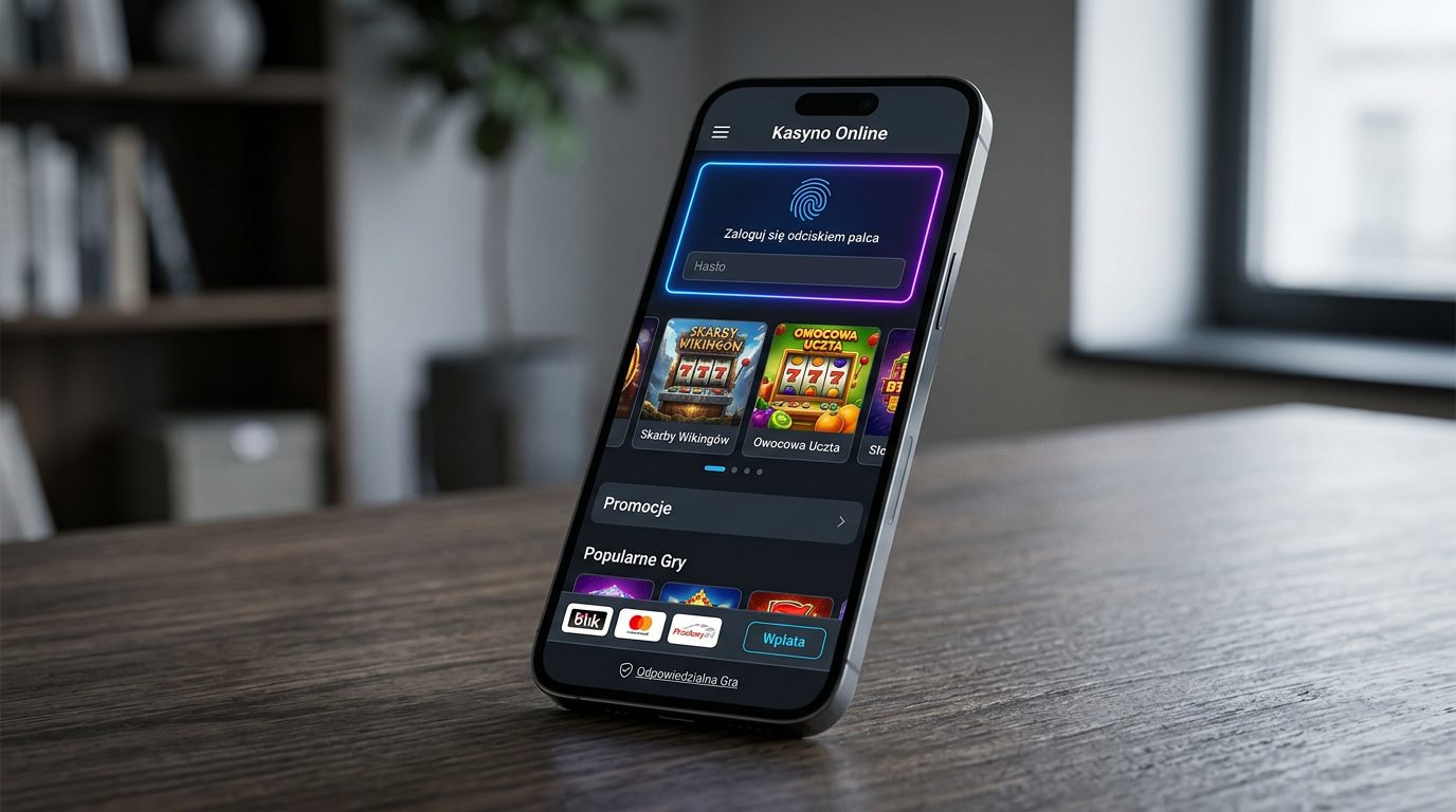 Interfejs nowoczesnej aplikacji kasynowej na smartfonie z zabezpieczeniami biometrycznymi