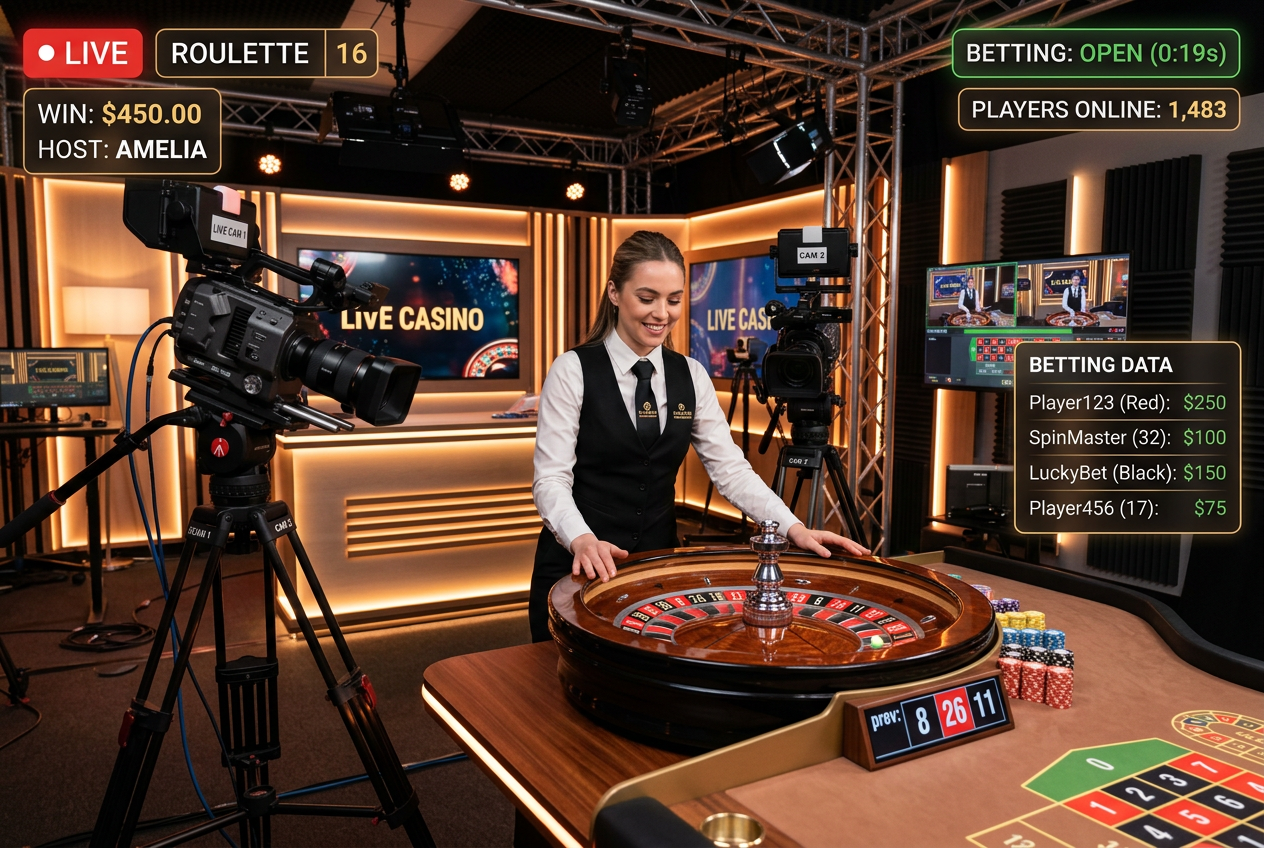 Professional live casino streaming studio with multiple 4K cameras and a roulette wheel