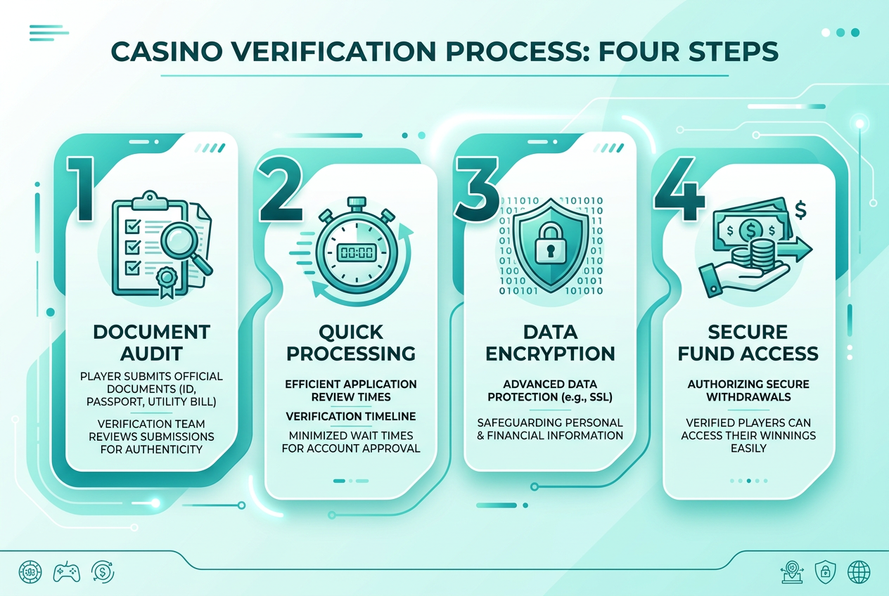 Infografika przedstawiająca proces weryfikacji kasyna przez ekspertów Elcal: audyt, szybkość, szyfrowanie, wypłaty