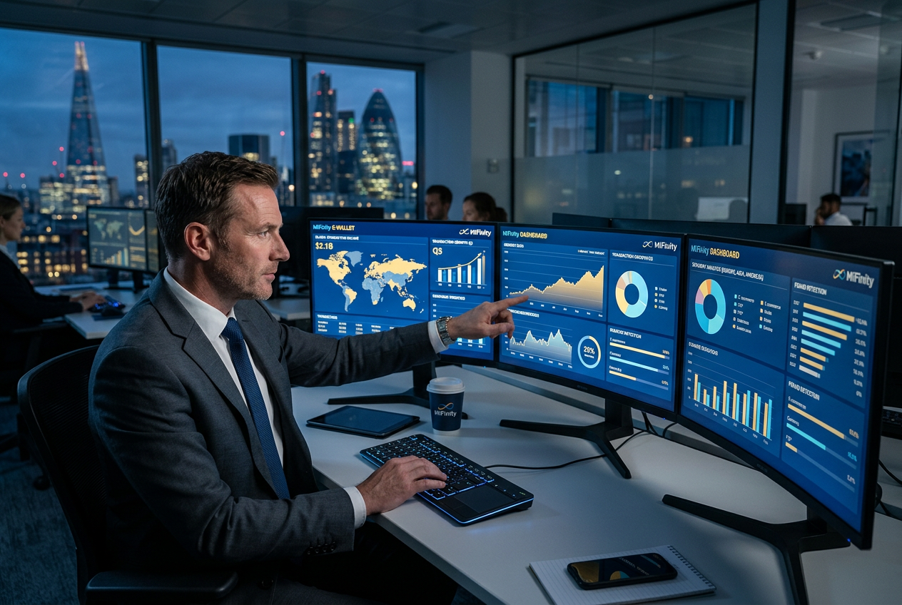 Specjalista analizujący systemy płatności MiFinity w nowoczesnym biurze