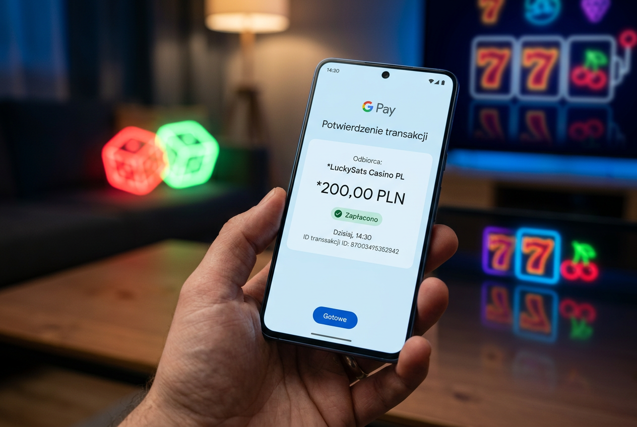 Nowoczesny interfejs płatności mobilnych w kasynie online przedstawiający potwierdzenie GPay