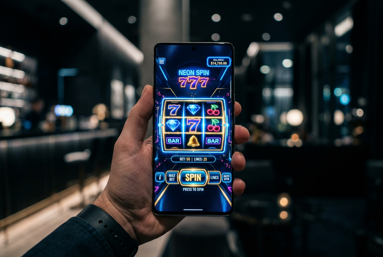 Nowoczesny interfejs automatu online 2026 z neonowymi elementami