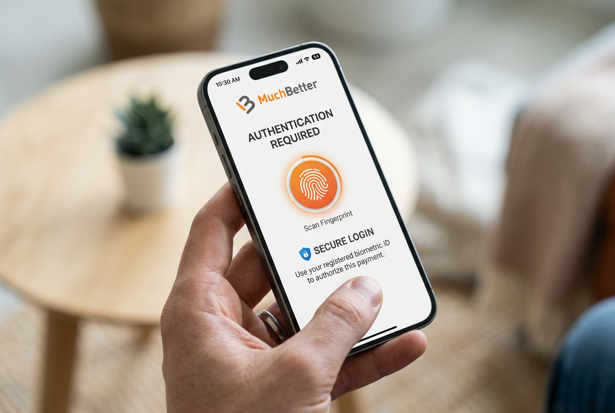 Smartphone with MuchBetter app displaying high security payment confirmation icons