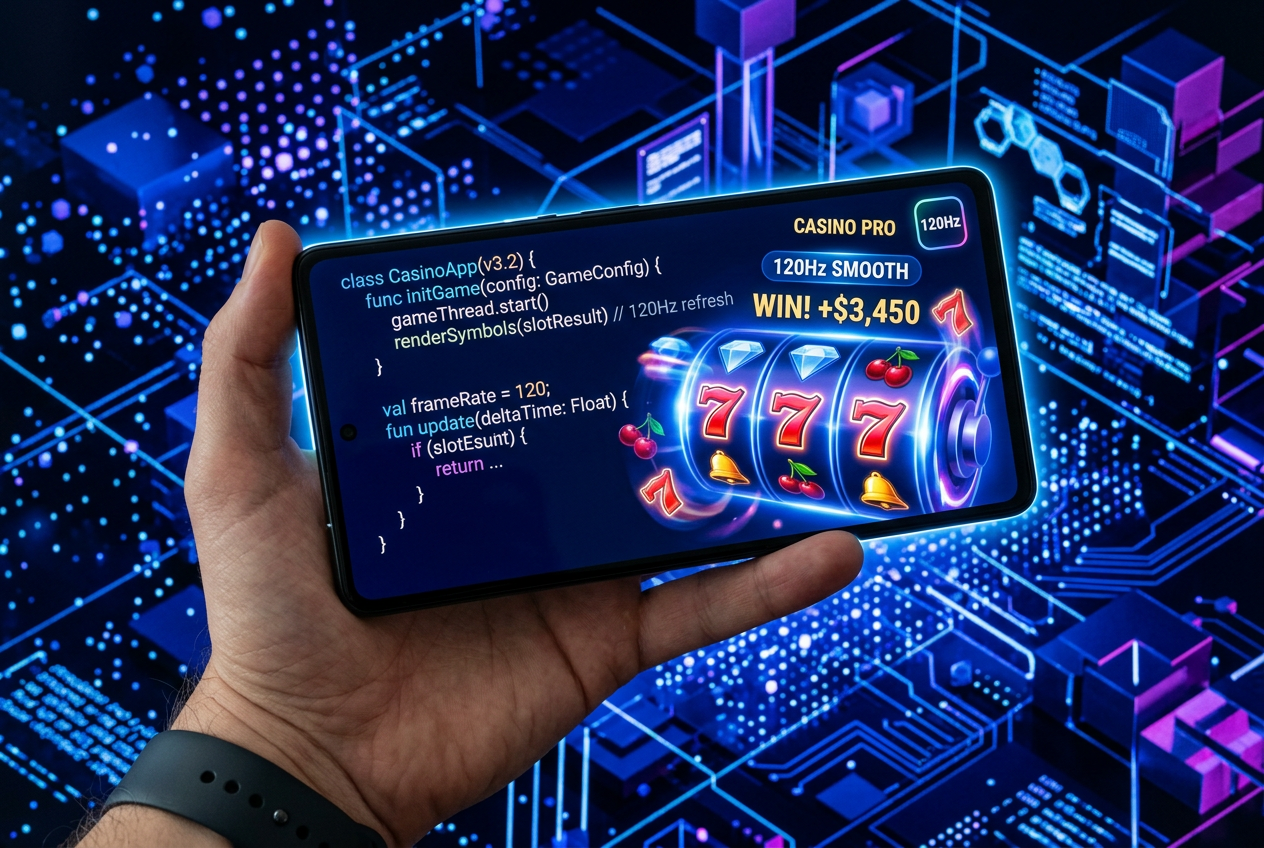 Modern smartphone displaying high-performance native casino app code and 120Hz smooth animation symbols