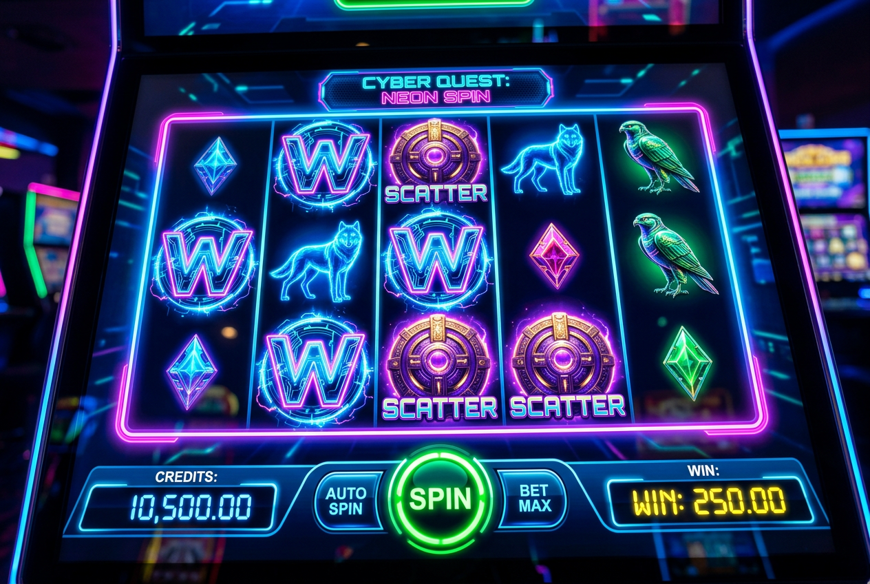 Modern digital slot machine display with neon symbols and high-tech interface