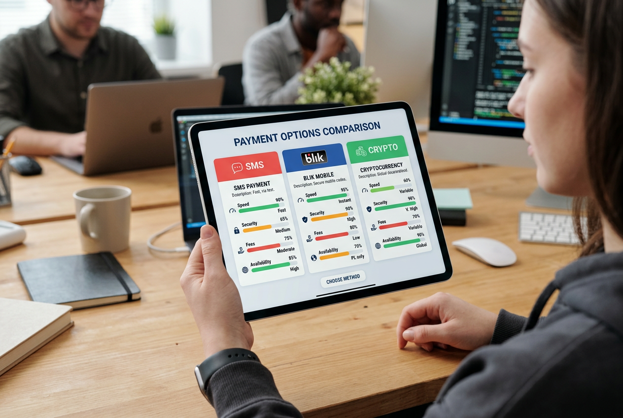 Porównanie interfejsów płatności mobilnych Blik i SMS na ekranie tabletu