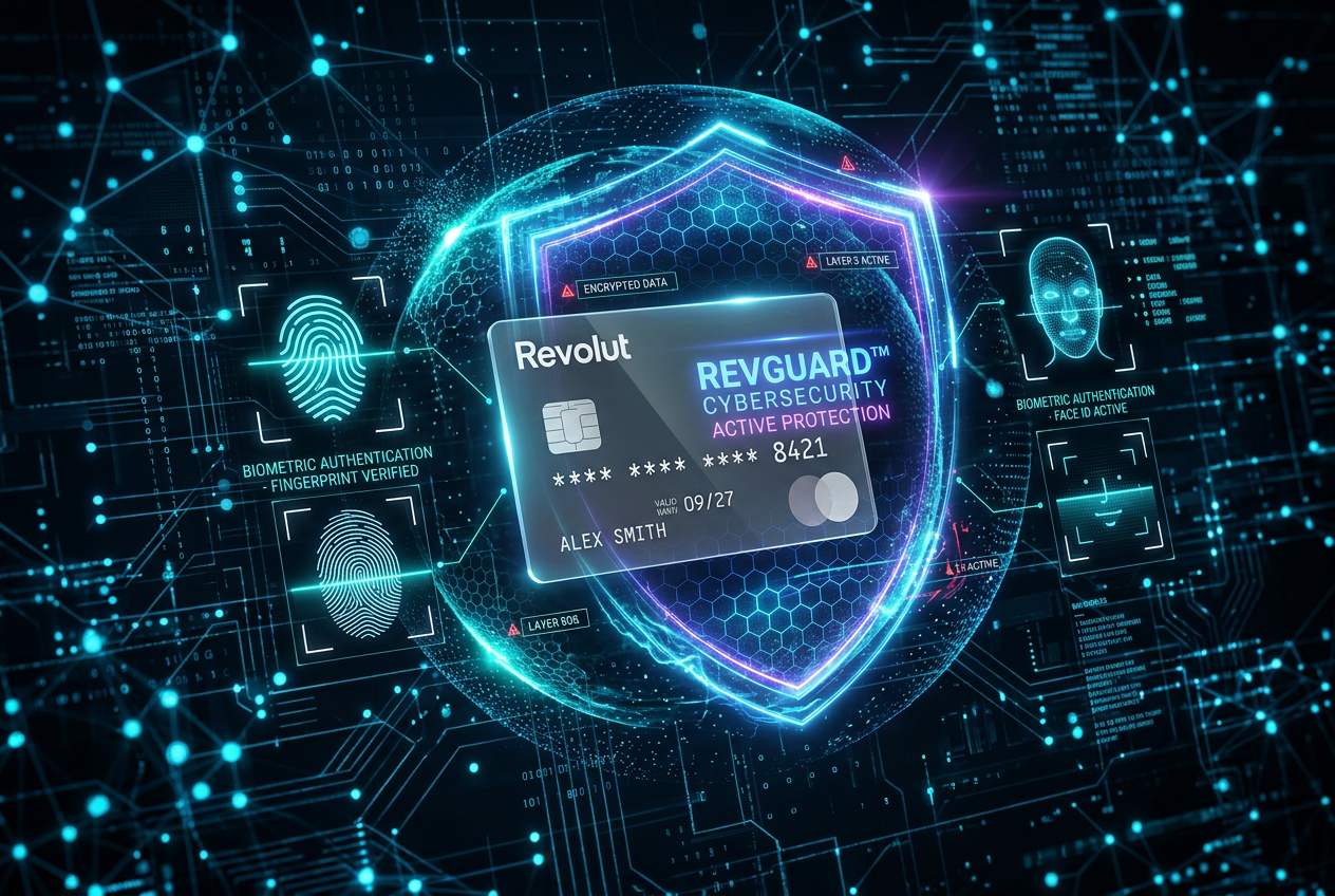 Abstrakcyjna wizualizacja zabezpieczeń Revolut: cyfrowa karta w otoczeniu warstw szyfrowania i symboli biometrii