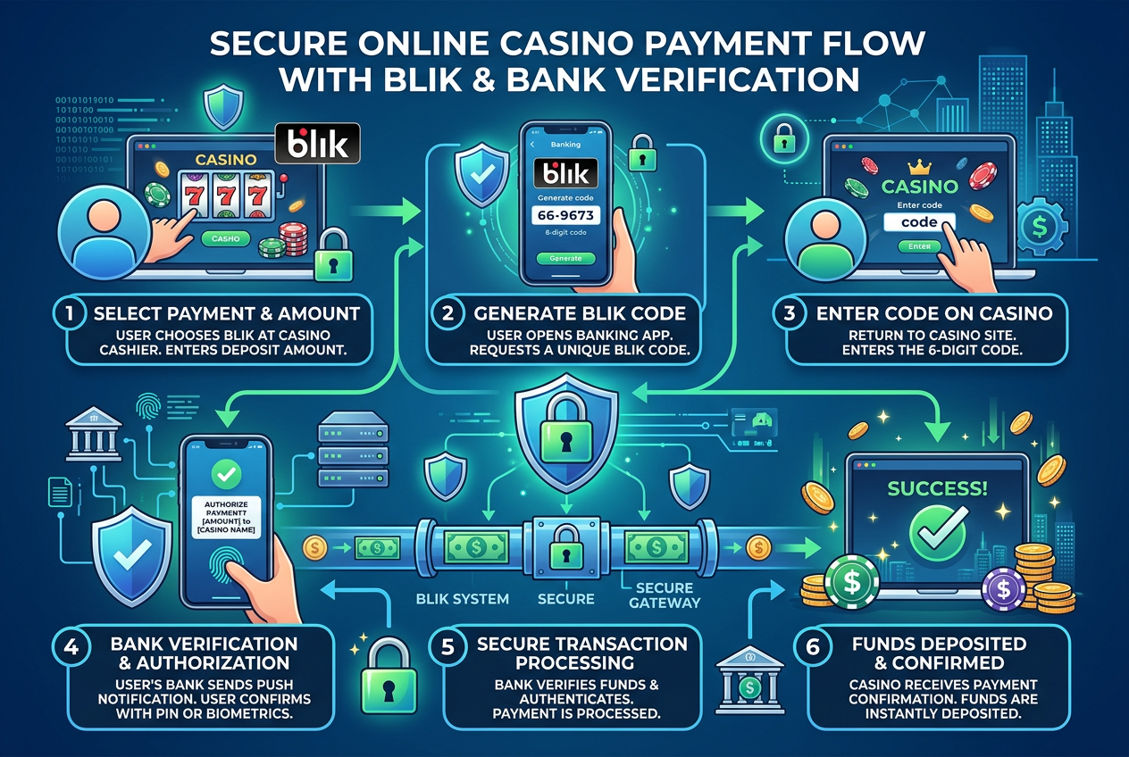 Infografika przedstawiająca proces bezpiecznych płatności BLIK w kasynie online