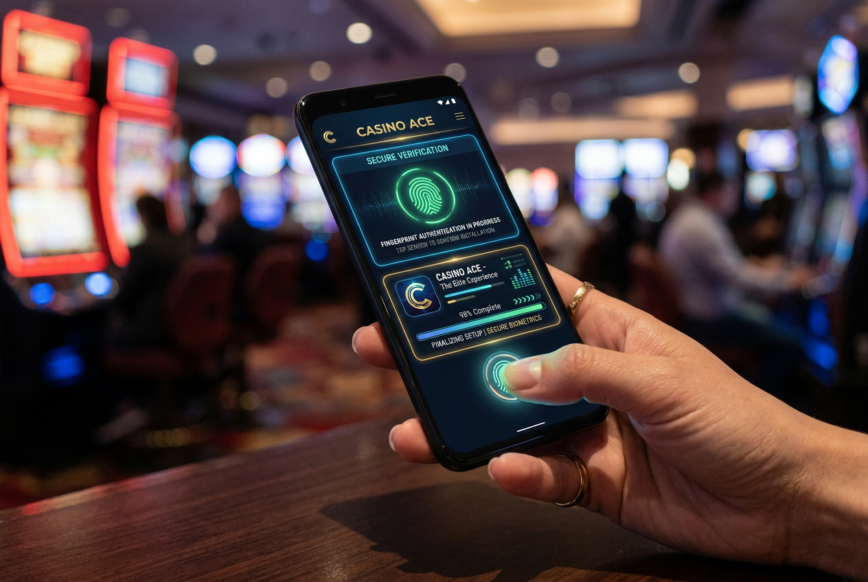 Hand holding a smartphone performing a secure biometric verification during an app installation