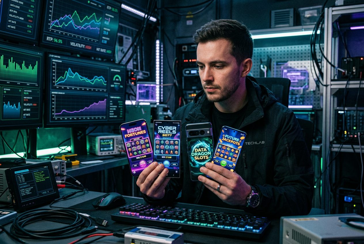 Ilustracja procesu testowania slotów na urządzeniach mobilnych w nowoczesnym laboratorium