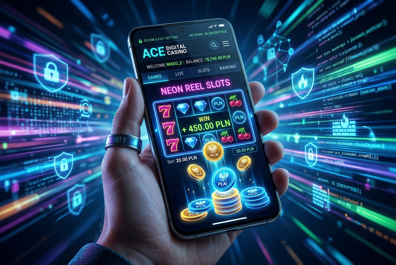 Nowoczesny interfejs kasyna online na smartfonie wyświetlający polską walutę i bezpieczne połączenie