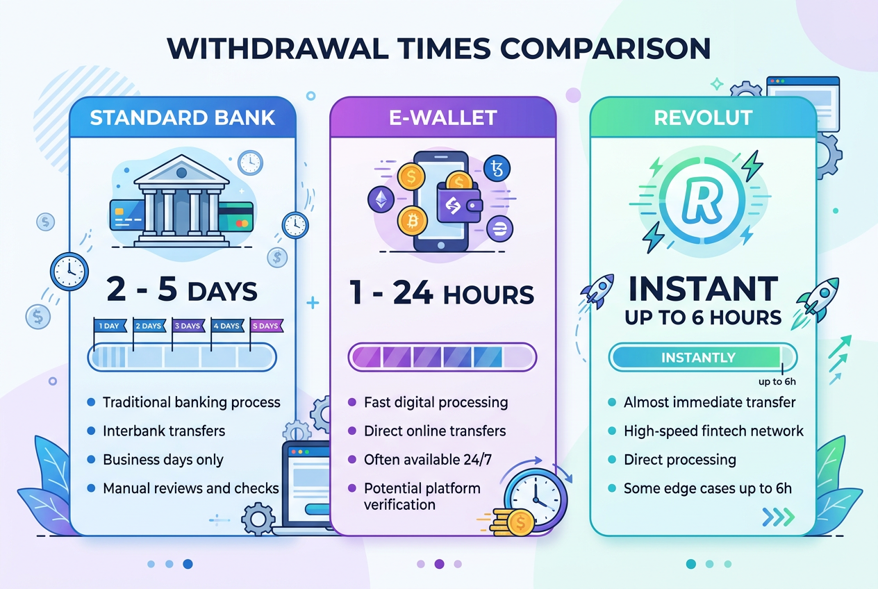 Infografika porównująca czasy wypłat w kasynach online: Bank (2-5 dni), E-portfel (1-24h), Revolut (natychmiastowo do 6h)